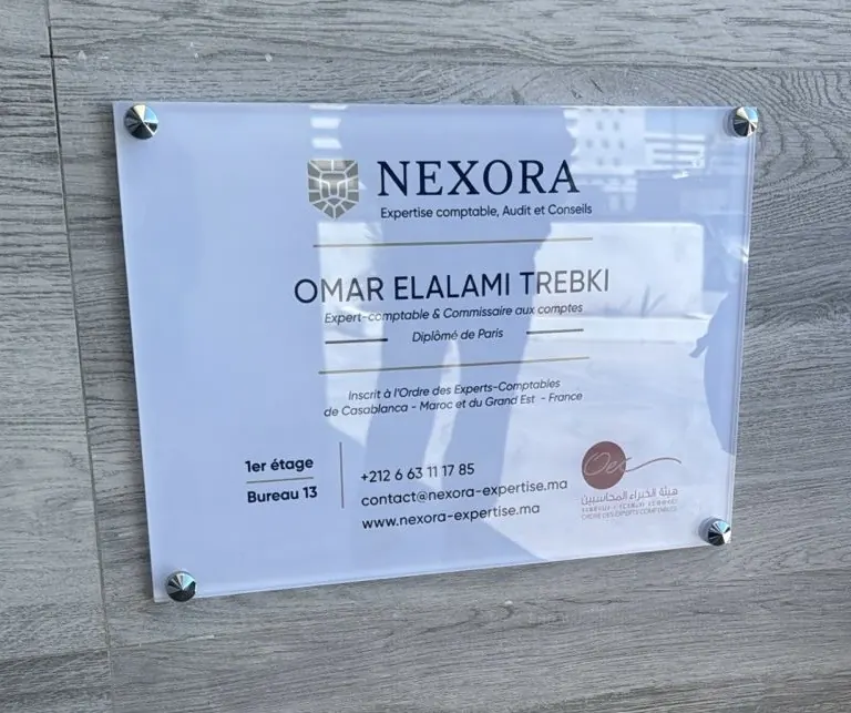 Plaque officielle NEXORA Expertise Comptable, Audit et Conseils — Omar ELALAMI TREBKI, Expert-comptable & Commissaire aux comptes