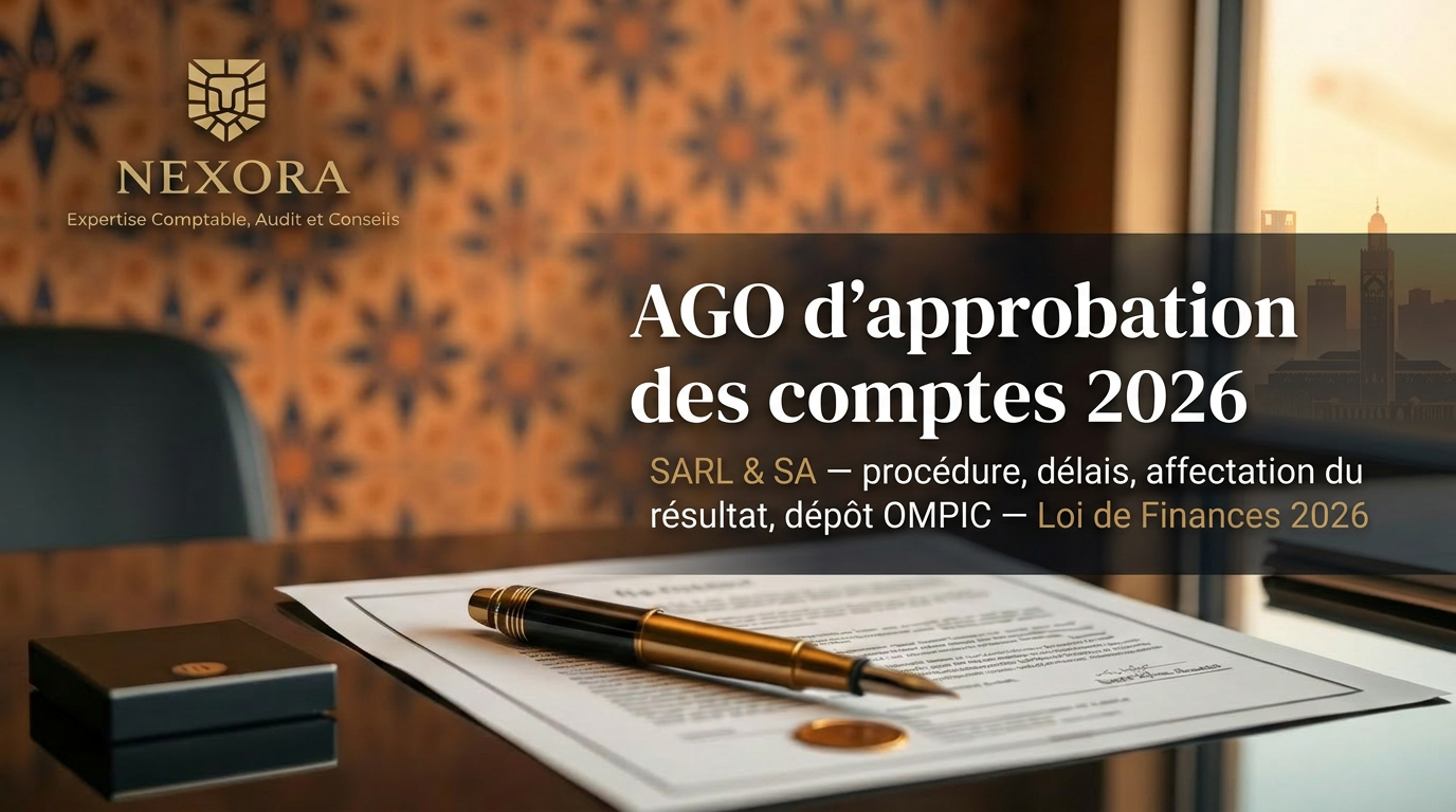 AGO d'approbation des comptes annuels au Maroc en 2026 : procédure, délais, affectation du résultat, dépôt OMPIC et loi de finances 2026 — NEXORA Expertise Comptable, Audit et Conseils AGO d'approbation des comptes annuels au Maroc en 2026 : procédure, délais, affectation du résultat, dépôt OMPIC et loi de finances 2026 — NEXORA Expertise Comptable, Audit et Conseils