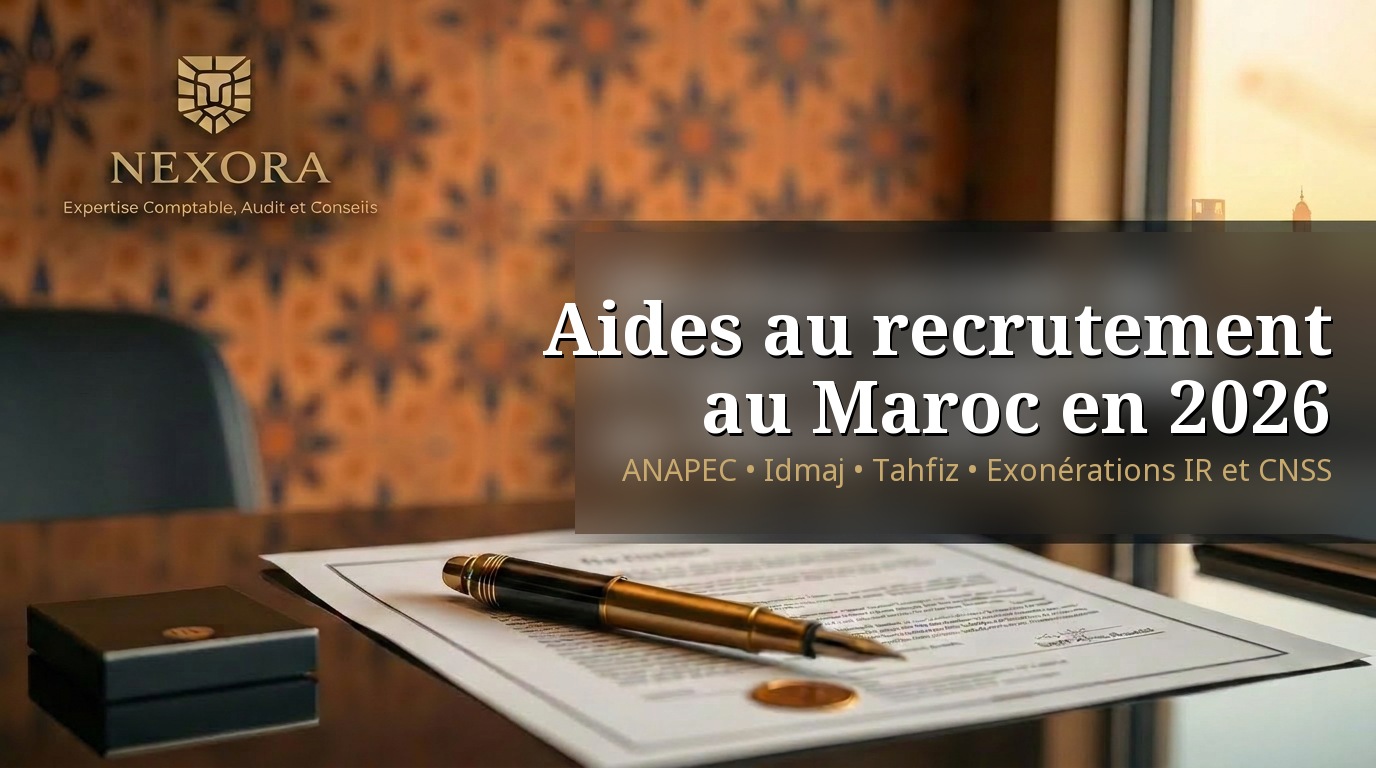 Aides au recrutement au Maroc en 2026 : ANAPEC (Idmaj, Tahfiz, Taehil), exonérations CNSS et IR, guide complet pour l'employeur — NEXORA Expertise Comptable, Audit et Conseils Aides au recrutement au Maroc en 2026 : ANAPEC (Idmaj, Tahfiz, Taehil), exonérations CNSS et IR, guide complet pour l'employeur — NEXORA Expertise Comptable, Audit et Conseils