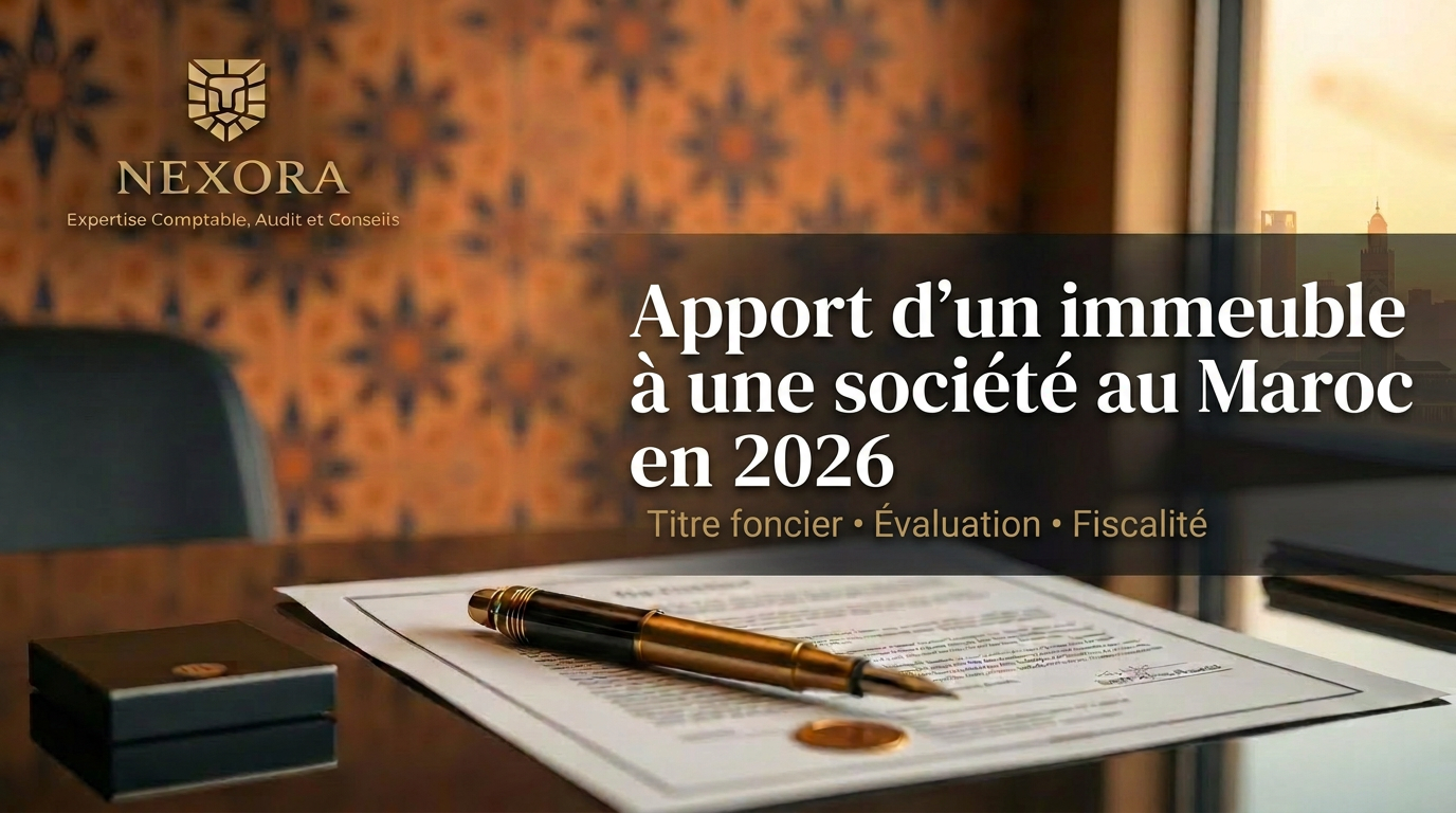 Apport d'un immeuble à une société au Maroc en 2026 — titre foncier, évaluation et fiscalité — NEXORA Expertise Comptable, Audit et Conseils Apport d'un immeuble à une société au Maroc en 2026 — titre foncier, évaluation et fiscalité — NEXORA Expertise Comptable, Audit et Conseils