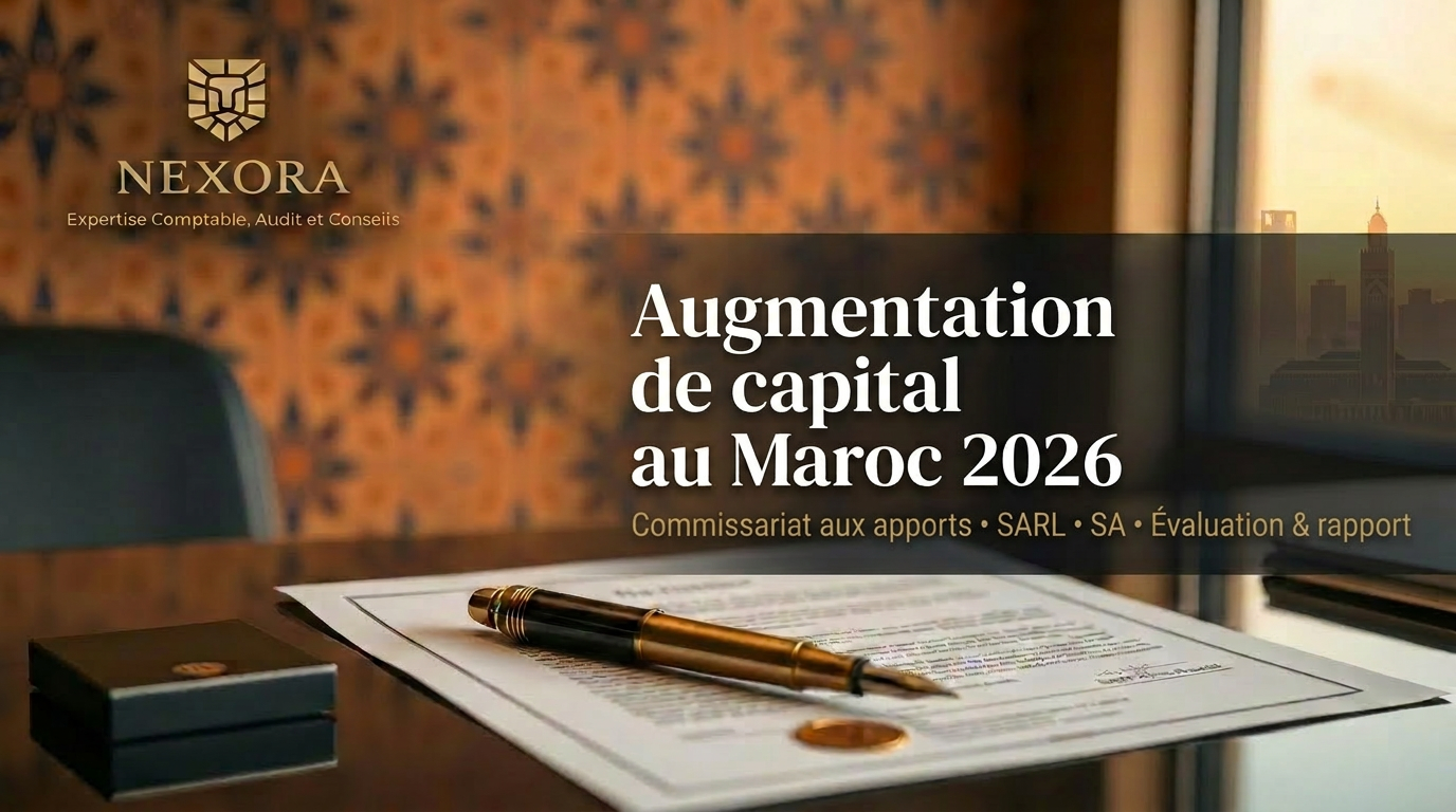 Augmentation de capital au Maroc en 2026 — commissariat aux apports SARL et SA — NEXORA Expertise Comptable, Audit et Conseils Augmentation de capital au Maroc en 2026 — commissariat aux apports SARL et SA — NEXORA Expertise Comptable, Audit et Conseils