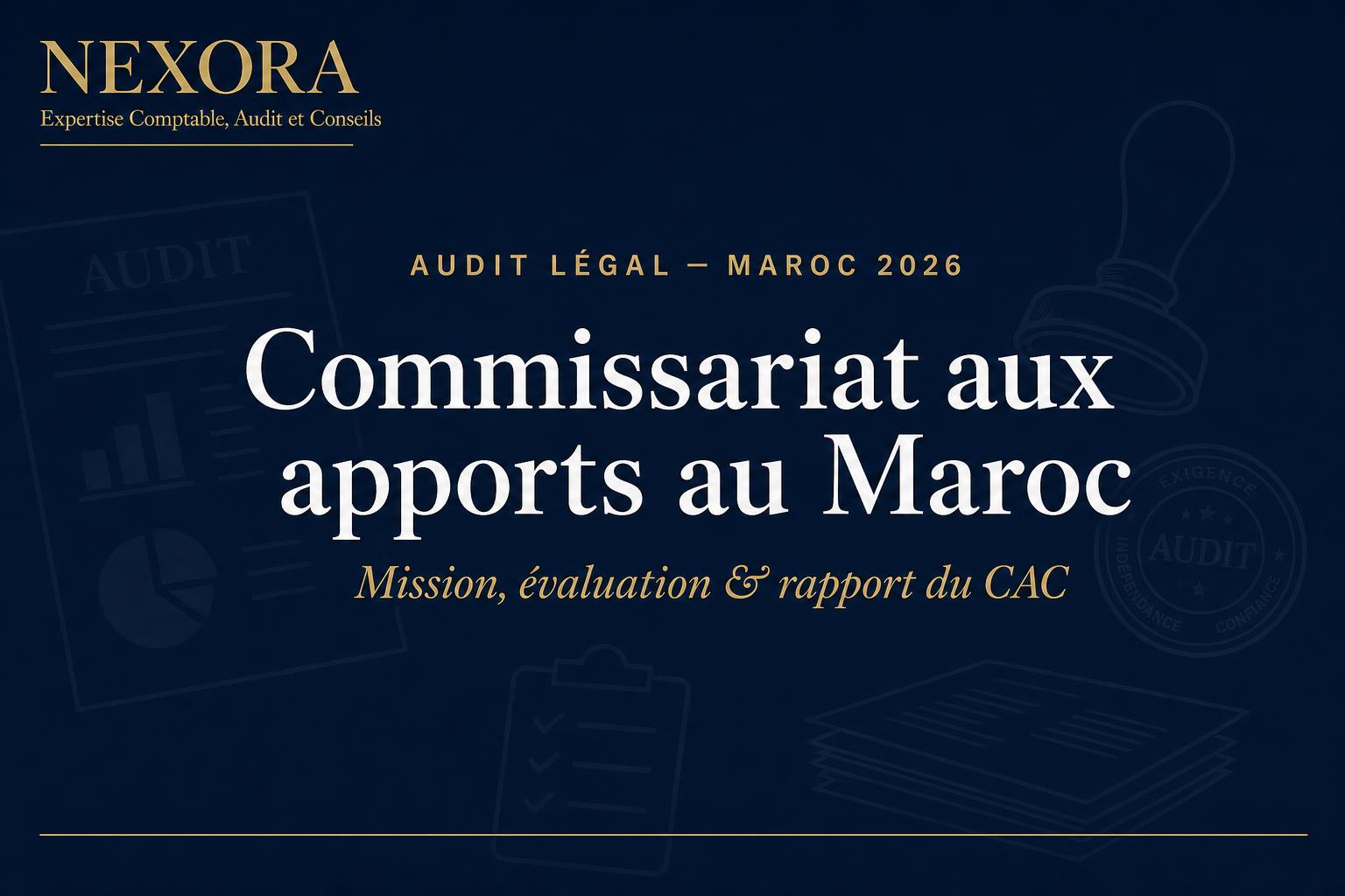 Commissariat aux Apports au Maroc : Mission, Évaluation des Apports en Nature et Rapport du Commissaire en 2026 — NEXORA Expertise Comptable, Audit et Conseils Commissariat aux Apports au Maroc : Mission, Évaluation des Apports en Nature et Rapport du Commissaire en 2026 — NEXORA Expertise Comptable, Audit et Conseils