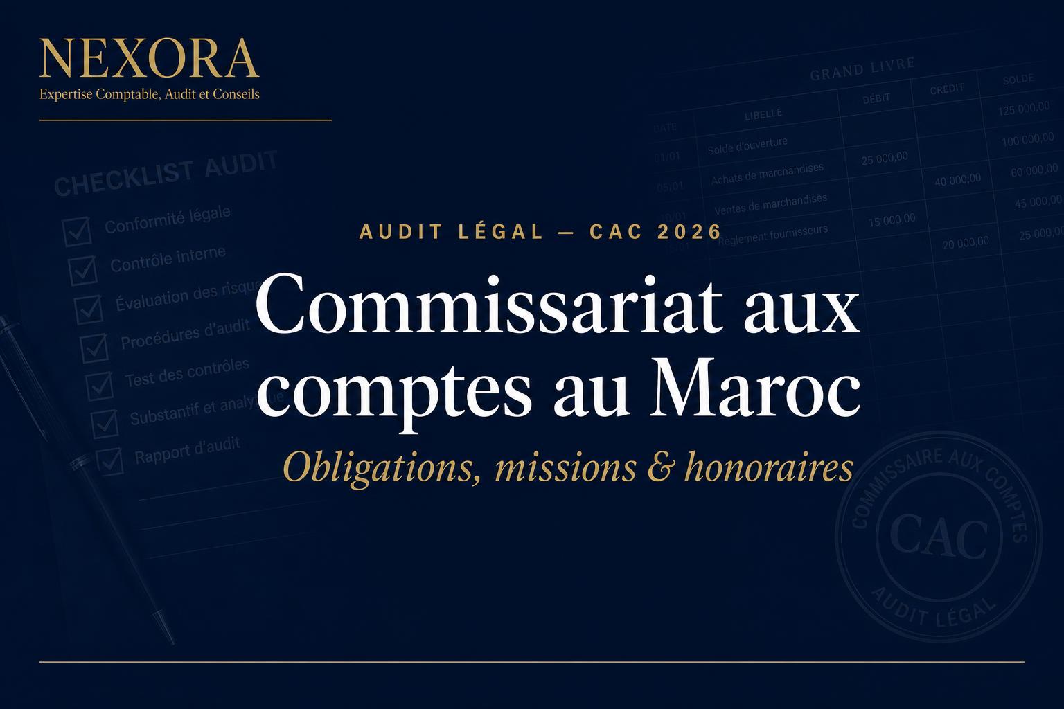 Commissariat aux Comptes au Maroc : Obligations Légales, Missions du CAC, Honoraires et Audit des Sociétés en 2026 — NEXORA Expertise Comptable, Audit et Conseils Commissariat aux Comptes au Maroc : Obligations Légales, Missions du CAC, Honoraires et Audit des Sociétés en 2026 — NEXORA Expertise Comptable, Audit et Conseils