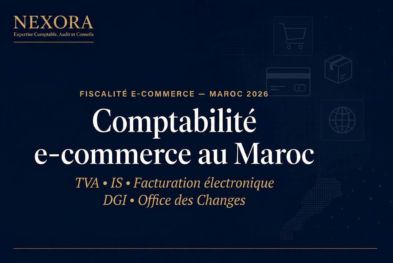 Comptabilité e-commerce au Maroc en 2026 — TVA, IS, facturation électronique DGI, Office des Changes — NEXORA Expertise Comptable, Audit et Conseils Comptabilité e-commerce au Maroc en 2026 — TVA, IS, facturation électronique DGI, Office des Changes — NEXORA Expertise Comptable, Audit et Conseils