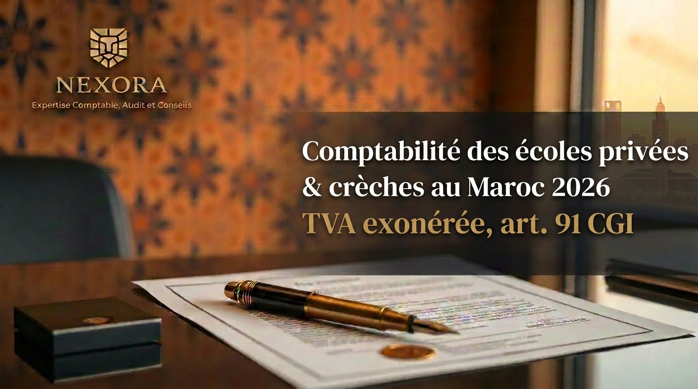 Comptabilité des écoles privées et des crèches au Maroc en 2026 : TVA exonérée (art. 91), prorata, IS et gestion des frais de scolarité — NEXORA Expertise Comptable, Audit et Conseils Comptabilité des écoles privées et des crèches au Maroc en 2026 : TVA exonérée (art. 91), prorata, IS et gestion des frais de scolarité — NEXORA Expertise Comptable, Audit et Conseils