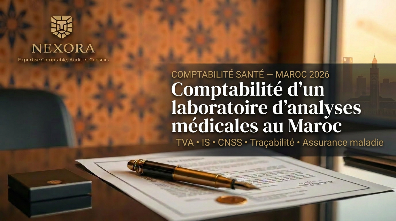 Comptabilité d'un laboratoire d'analyses médicales au Maroc en 2026 — TVA, IS, CNSS, traçabilité, tiers-payant AMO — NEXORA Expertise Comptable, Audit et Conseils Comptabilité d'un laboratoire d'analyses médicales au Maroc en 2026 — TVA, IS, CNSS, traçabilité, tiers-payant AMO — NEXORA Expertise Comptable, Audit et Conseils