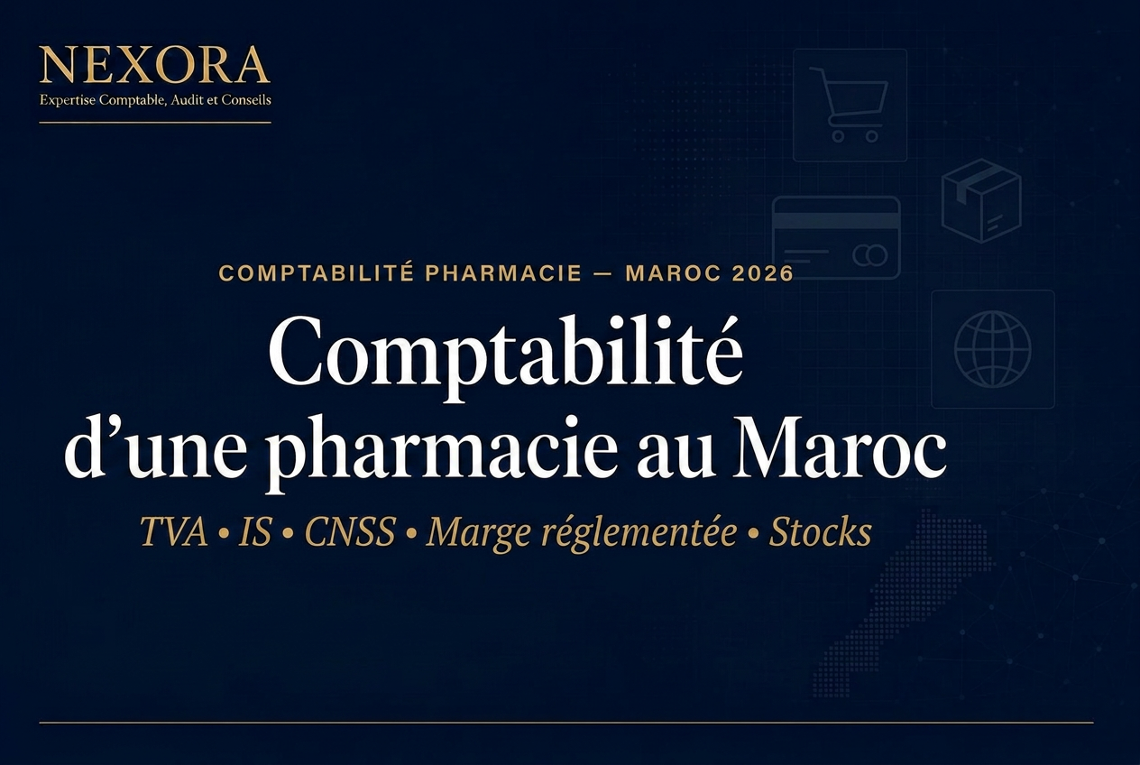 Comptabilité d'une pharmacie au Maroc en 2026 — TVA, IS, marge réglementée, stocks, CNSS — NEXORA Expertise Comptable, Audit et Conseils Comptabilité d'une pharmacie au Maroc en 2026 — TVA, IS, marge réglementée, stocks, CNSS — NEXORA Expertise Comptable, Audit et Conseils