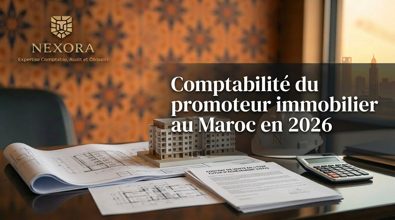 Comptabilité du promoteur immobilier au Maroc en 2026 : VEFA, TVA immobilière et marge à l'achèvement — NEXORA Expertise Comptable, Audit et Conseils Comptabilité du promoteur immobilier au Maroc en 2026 : VEFA, TVA immobilière et marge à l'achèvement — NEXORA Expertise Comptable, Audit et Conseils