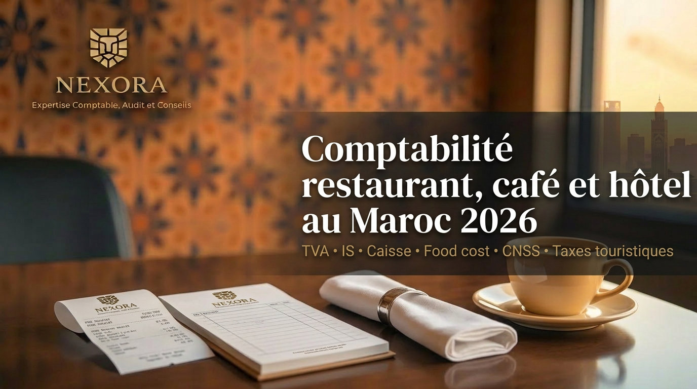 Comptabilité d'un restaurant, d'un café et d'un hôtel au Maroc en 2026 — TVA, IS, CNSS, food cost — NEXORA Expertise Comptable, Audit et Conseils Comptabilité d'un restaurant, d'un café et d'un hôtel au Maroc en 2026 — TVA, IS, CNSS, food cost — NEXORA Expertise Comptable, Audit et Conseils