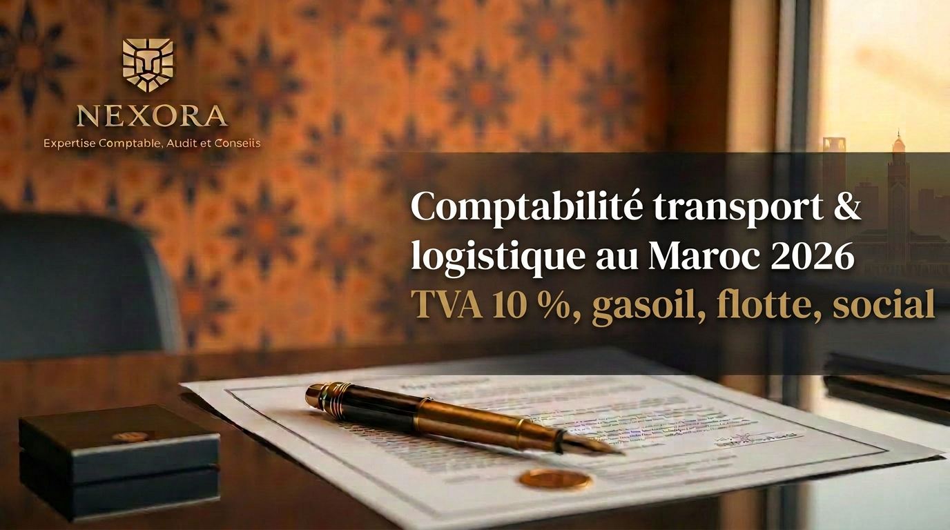 Comptabilité d'une société de transport et logistique au Maroc en 2026 : TVA, gasoil, flotte, social et pilotage des marges — NEXORA Expertise Comptable, Audit et Conseils Comptabilité d'une société de transport et logistique au Maroc en 2026 : TVA, gasoil, flotte, social et pilotage des marges — NEXORA Expertise Comptable, Audit et Conseils