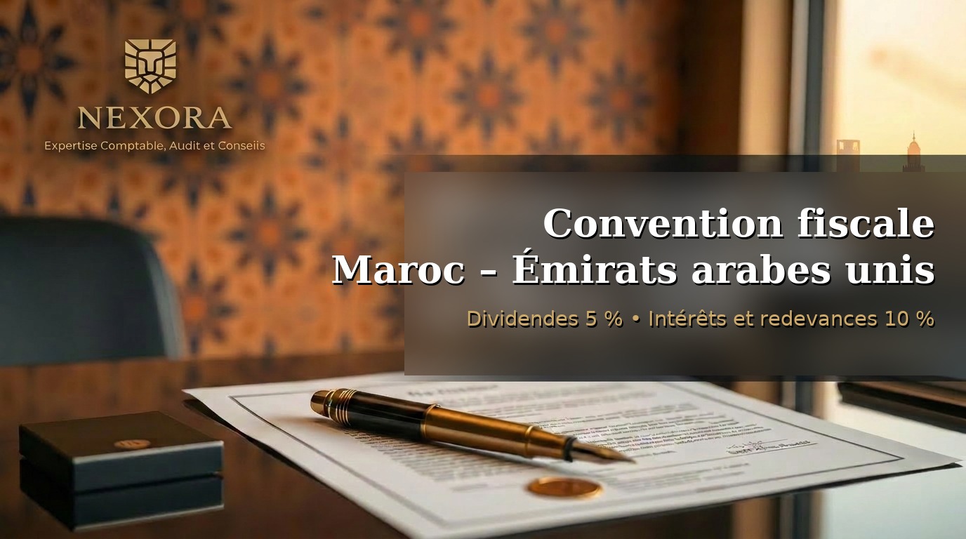 Convention fiscale Maroc – Émirats Arabes Unis 2026 — dividendes 5 %, intérêts et redevances 10 %, établissement stable — NEXORA Expertise Comptable, Audit et Conseils Convention fiscale Maroc – Émirats Arabes Unis 2026 — dividendes 5 %, intérêts et redevances 10 %, établissement stable — NEXORA Expertise Comptable, Audit et Conseils