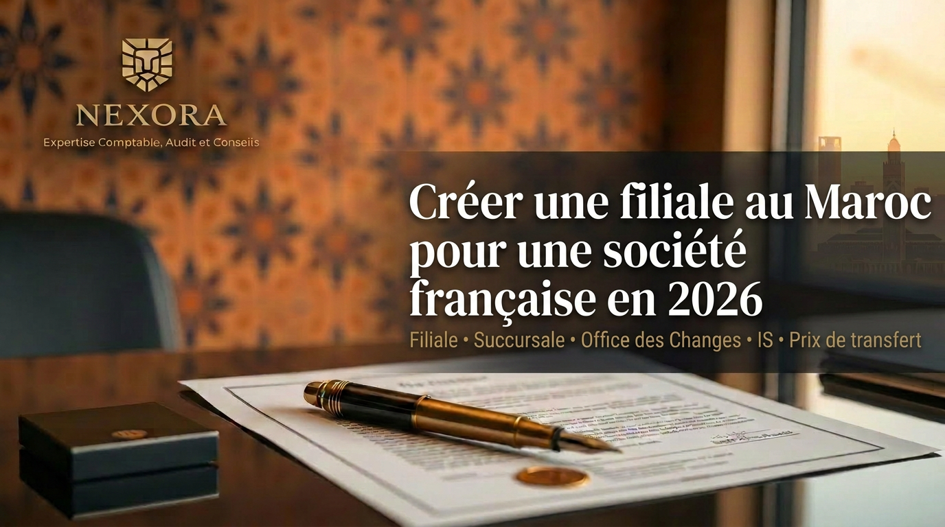 Créer une filiale au Maroc pour une société française en 2026 — filiale ou succursale, Office des Changes, IS et prix de transfert — NEXORA Expertise Comptable, Audit et Conseils Créer une filiale au Maroc pour une société française en 2026 — filiale ou succursale, Office des Changes, IS et prix de transfert — NEXORA Expertise Comptable, Audit et Conseils