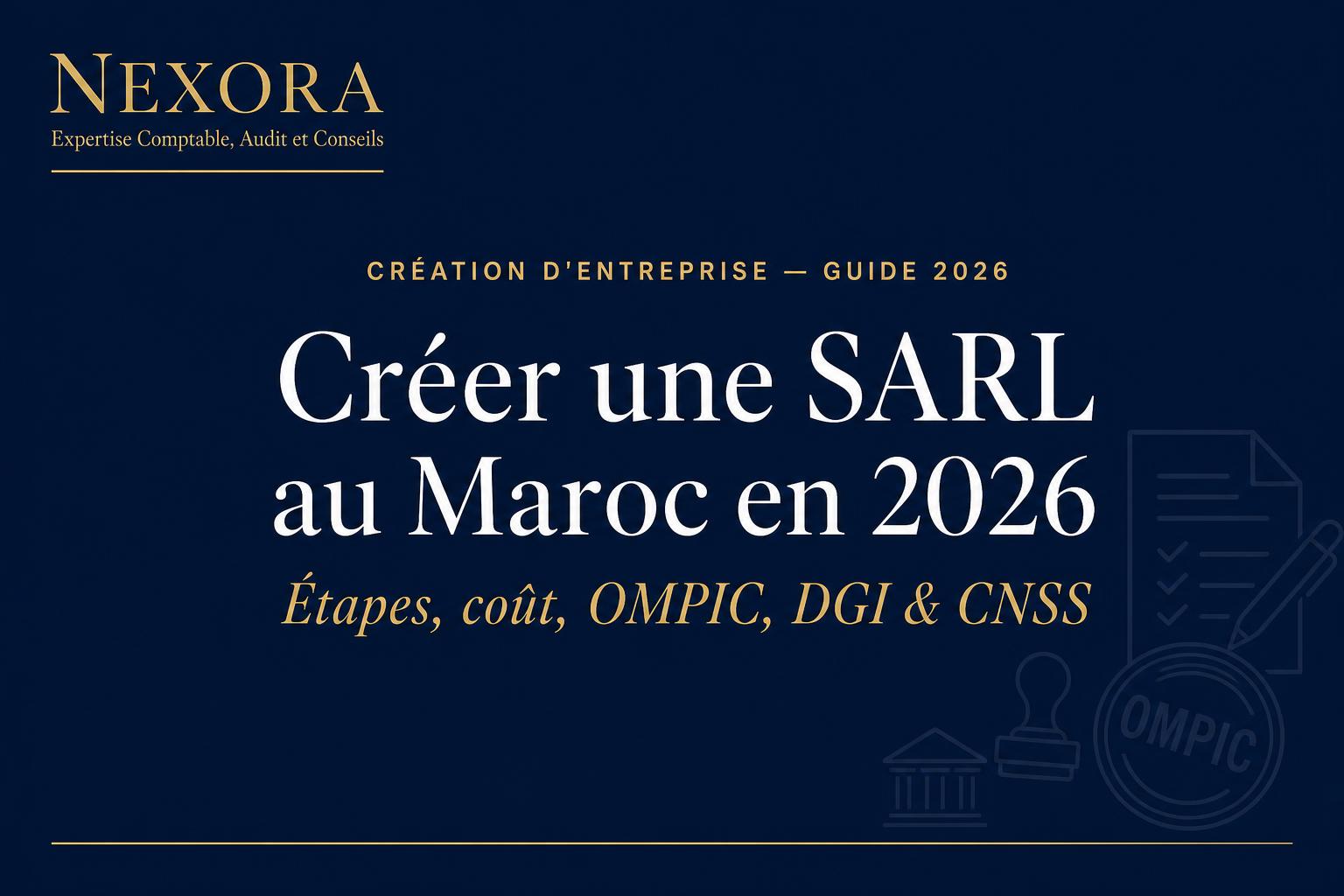 Créer une SARL au Maroc en 2026 : Guide Complet — Étapes, Coût, Capital, OMPIC, DGI & CNSS — NEXORA Expertise Comptable, Audit et Conseils Créer une SARL au Maroc en 2026 : Guide Complet — Étapes, Coût, Capital, OMPIC, DGI & CNSS — NEXORA Expertise Comptable, Audit et Conseils
