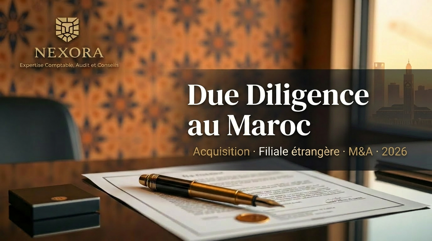 Due diligence au Maroc en 2026 : acquisition, installation d'une filiale étrangère, financement, IPO, immobilier — financière, fiscale, sociale et juridique — NEXORA Expertise Comptable, Audit et Conseils Due diligence au Maroc en 2026 : acquisition, installation d'une filiale étrangère, financement, IPO, immobilier — financière, fiscale, sociale et juridique — NEXORA Expertise Comptable, Audit et Conseils