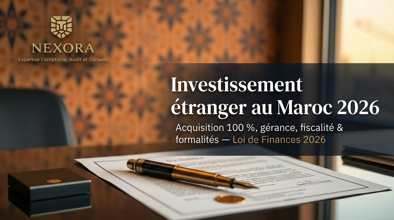 Un étranger peut-il acquérir une société à 100 % au Maroc en 2026 ? Investissement, gérance, fiscalité et formalités — NEXORA Expertise Comptable, Audit et Conseils Un étranger peut-il acquérir une société à 100 % au Maroc en 2026 ? Investissement, gérance, fiscalité et formalités — NEXORA Expertise Comptable, Audit et Conseils