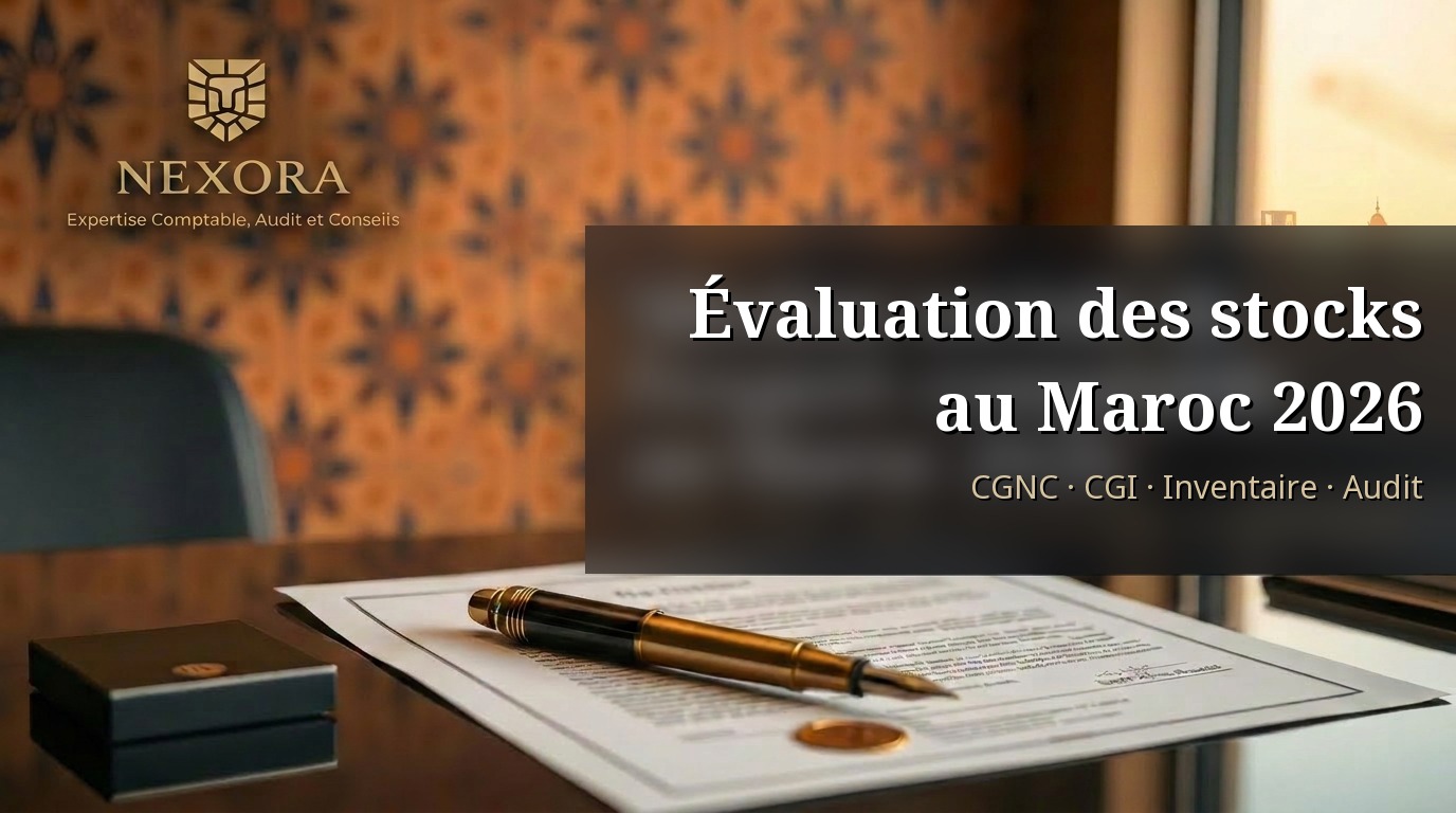 Évaluation des stocks au Maroc en 2026 — CGNC, CMUP, FIFO, inventaire physique et dépréciation — NEXORA Expertise Comptable, Audit et Conseils Évaluation des stocks au Maroc en 2026 — CGNC, CMUP, FIFO, inventaire physique et dépréciation — NEXORA Expertise Comptable, Audit et Conseils