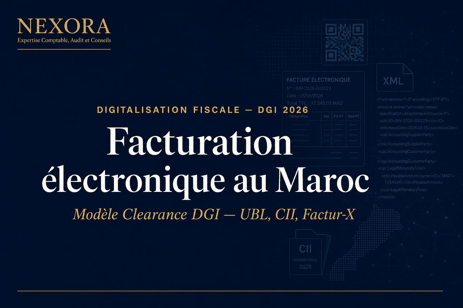 Facturation électronique au Maroc : modèle Clearance de la DGI, formats UBL / UN-CEFACT CII / Factur-X et préparation des entreprises — NEXORA Expertise Comptable, Audit et Conseils Facturation électronique au Maroc : modèle Clearance de la DGI, formats UBL / UN-CEFACT CII / Factur-X et préparation des entreprises — NEXORA Expertise Comptable, Audit et Conseils