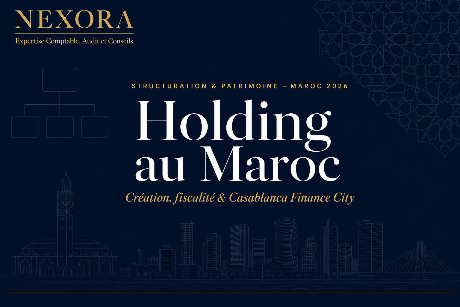 Holding au Maroc en 2026 : guide complet — création, fiscalité, avantages et Casablanca Finance City — NEXORA Expertise Comptable, Audit et Conseils Holding au Maroc en 2026 : guide complet — création, fiscalité, avantages et Casablanca Finance City — NEXORA Expertise Comptable, Audit et Conseils