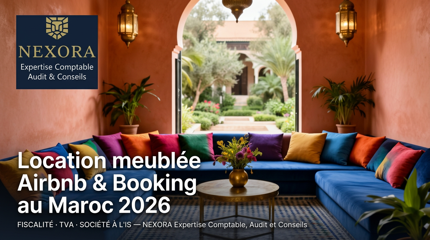 Location meublée Airbnb & Booking au Maroc en 2026 : fiscalité, TVA, comptabilité et cadre touristique (société à l'IS) — NEXORA Expertise Comptable, Audit et Conseils Location meublée Airbnb & Booking au Maroc en 2026 : fiscalité, TVA, comptabilité et cadre touristique (société à l'IS) — NEXORA Expertise Comptable, Audit et Conseils