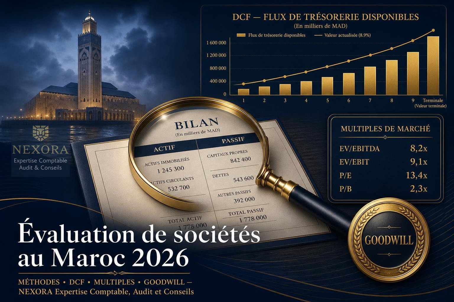 Mission d'évaluation de sociétés au Maroc en 2026 : méthodes patrimoniales, DCF, multiples, goodwill et rapport d'évaluation — NEXORA Expertise Comptable, Audit et Conseils Mission d'évaluation de sociétés au Maroc en 2026 : méthodes patrimoniales, DCF, multiples, goodwill et rapport d'évaluation — NEXORA Expertise Comptable, Audit et Conseils