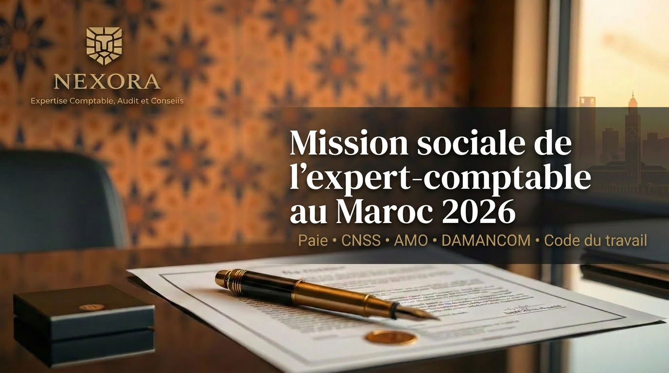 Mission sociale de l'expert-comptable au Maroc en 2026 : paie, CNSS, AMO, Code du travail, DAMANCOM et sécurisation du dirigeant — NEXORA Expertise Comptable, Audit et Conseils Mission sociale de l'expert-comptable au Maroc en 2026 : paie, CNSS, AMO, Code du travail, DAMANCOM et sécurisation du dirigeant — NEXORA Expertise Comptable, Audit et Conseils
