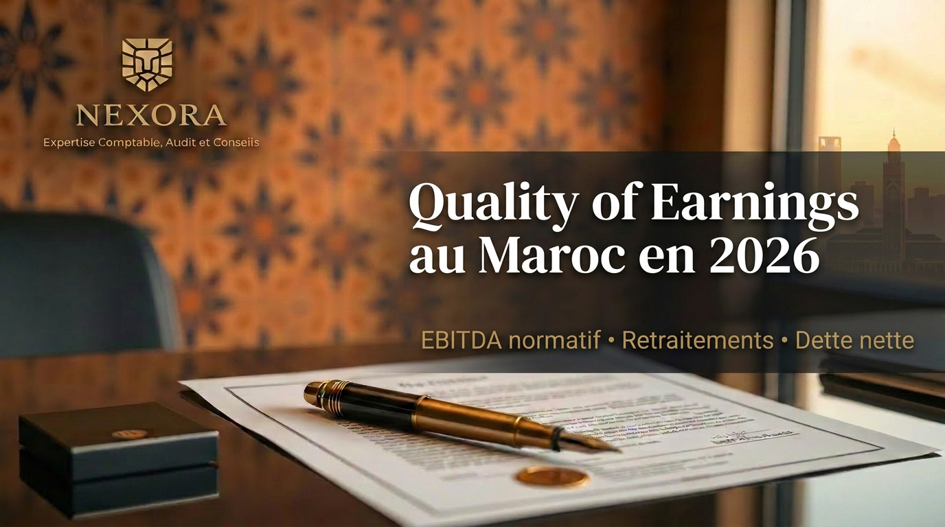 Quality of Earnings au Maroc en 2026 — EBITDA normatif, retraitements et dette nette — NEXORA Expertise Comptable, Audit et Conseils Quality of Earnings au Maroc en 2026 — EBITDA normatif, retraitements et dette nette — NEXORA Expertise Comptable, Audit et Conseils