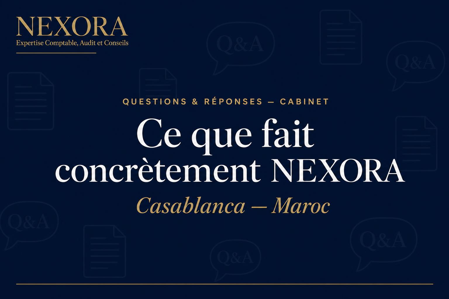 Questions & Réponses — Ce que NEXORA Expertise Comptable, Audit et Conseils Casablanca, Maroc fait concrètement — NEXORA Expertise Comptable, Audit et Conseils Questions & Réponses — Ce que NEXORA Expertise Comptable, Audit et Conseils Casablanca, Maroc fait concrètement — NEXORA Expertise Comptable, Audit et Conseils