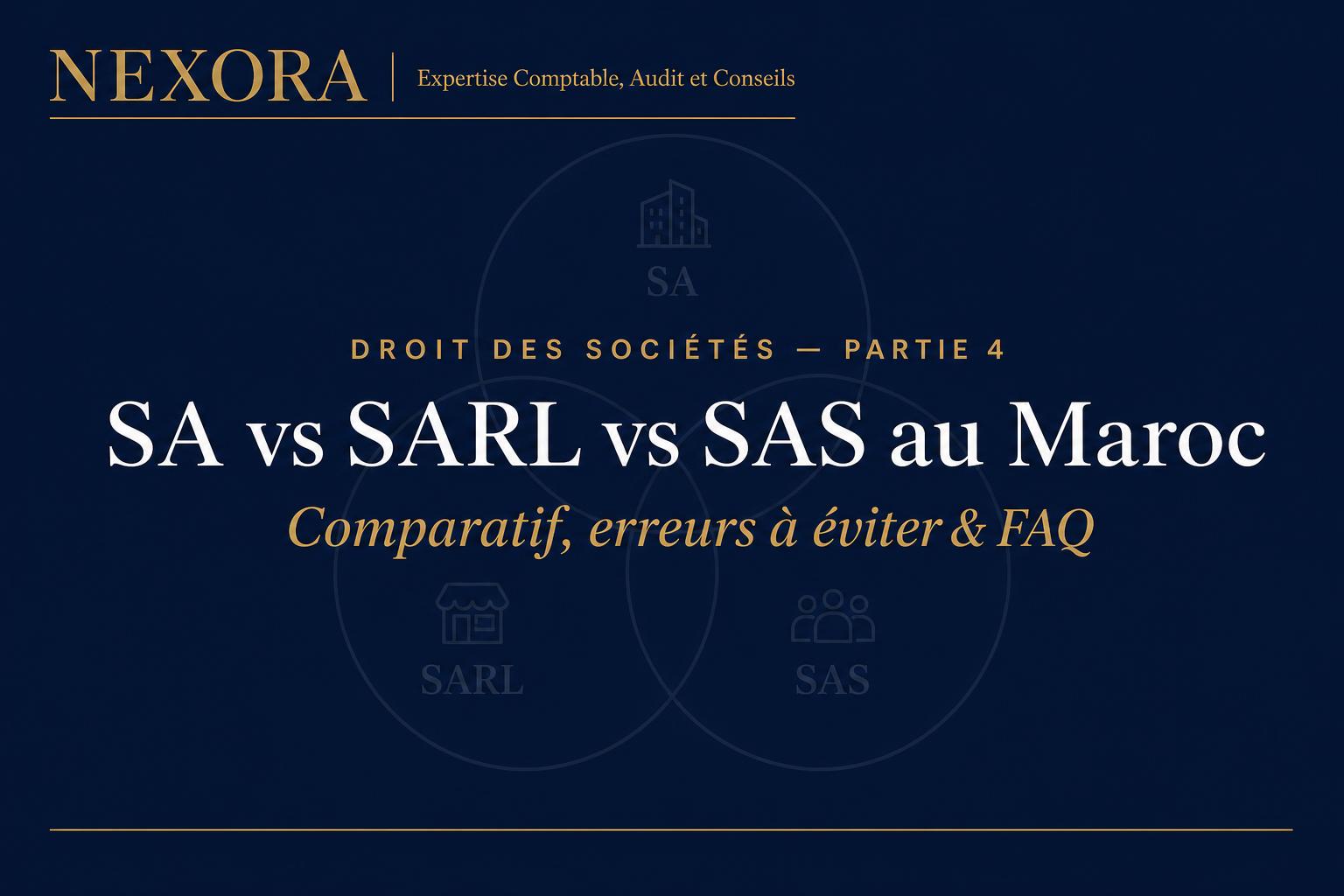 SA vs SARL vs SAS au Maroc : comparatif, erreurs à éviter et FAQ — NEXORA Expertise Comptable, Audit et Conseils SA vs SARL vs SAS au Maroc : comparatif, erreurs à éviter et FAQ — NEXORA Expertise Comptable, Audit et Conseils