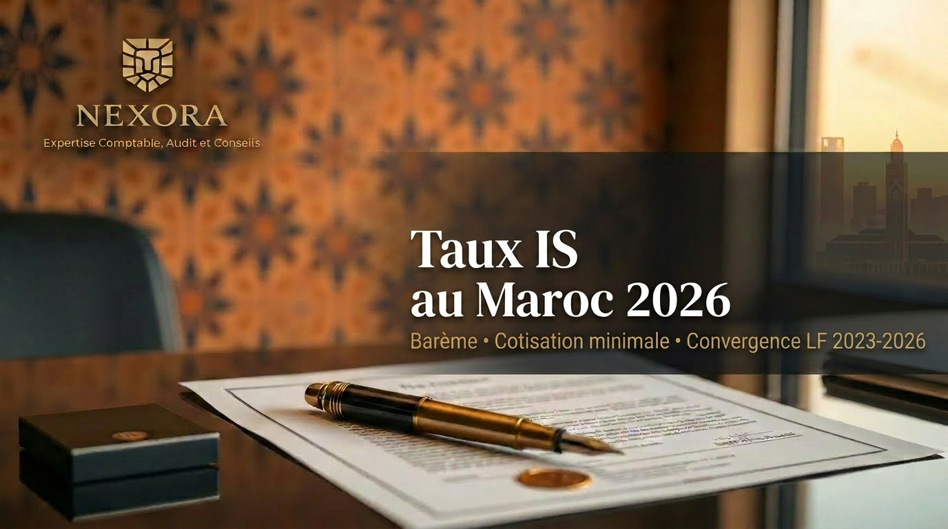 Taux d'IS au Maroc en 2026 — barème 20 %, 35 %, 40 %, cotisation minimale — NEXORA Expertise Comptable, Audit et Conseils Taux d'IS au Maroc en 2026 — barème 20 %, 35 %, 40 %, cotisation minimale — NEXORA Expertise Comptable, Audit et Conseils