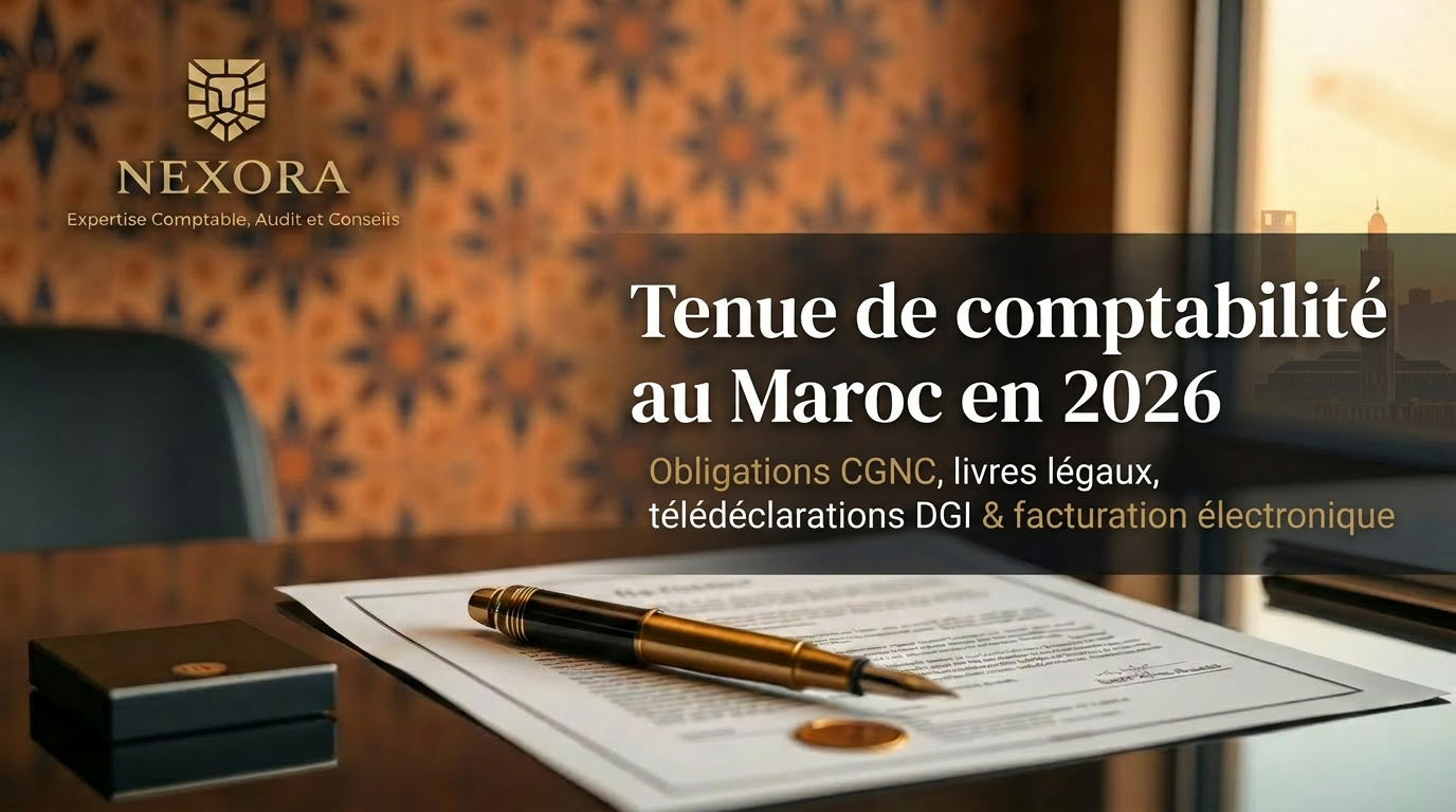 Tenue de comptabilité au Maroc en 2026 : obligations légales, CGNC, dématérialisation, télédéclarations DGI et bonnes pratiques — NEXORA Expertise Comptable, Audit et Conseils Tenue de comptabilité au Maroc en 2026 : obligations légales, CGNC, dématérialisation, télédéclarations DGI et bonnes pratiques — NEXORA Expertise Comptable, Audit et Conseils
