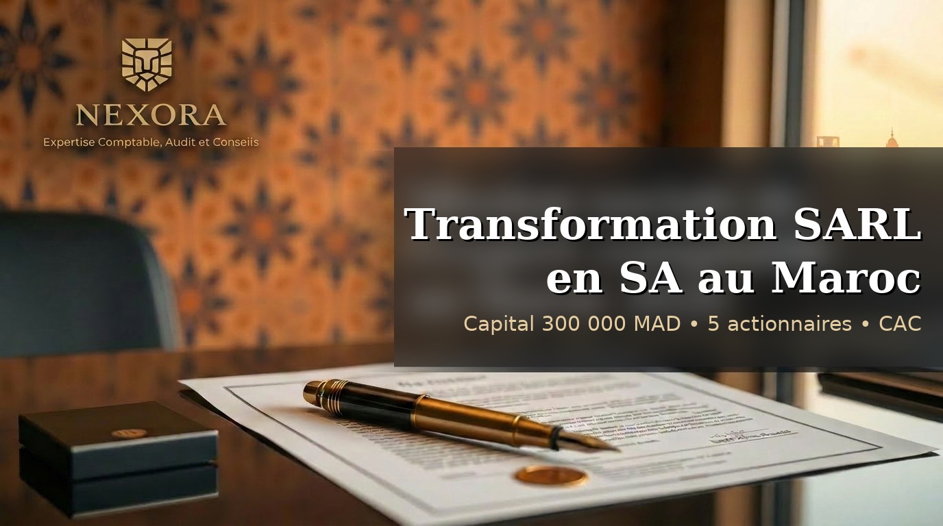 Transformation d'une SARL en SA au Maroc en 2026 — capital 300 000 MAD, 5 actionnaires, commissaire à la transformation — NEXORA Expertise Comptable, Audit et Conseils Transformation d'une SARL en SA au Maroc en 2026 — capital 300 000 MAD, 5 actionnaires, commissaire à la transformation — NEXORA Expertise Comptable, Audit et Conseils