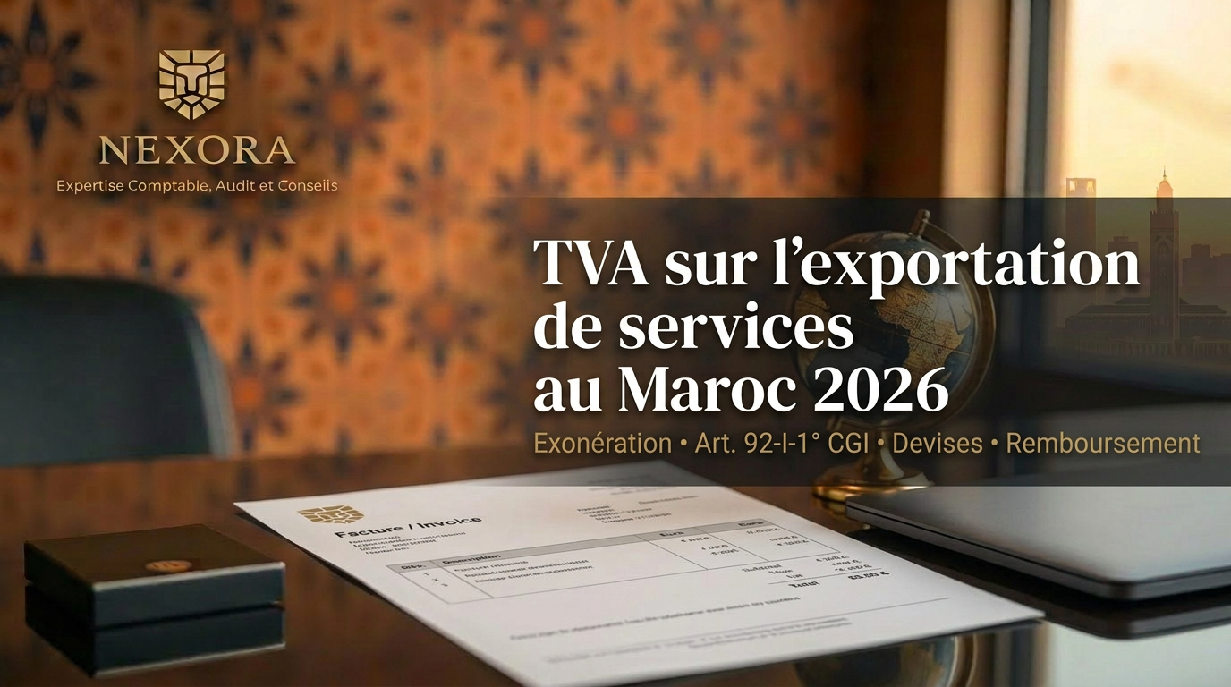TVA sur l'exportation de services au Maroc en 2026 : exonération, devises et remboursement du crédit de TVA — NEXORA Expertise Comptable, Audit et Conseils TVA sur l'exportation de services au Maroc en 2026 : exonération, devises et remboursement du crédit de TVA — NEXORA Expertise Comptable, Audit et Conseils