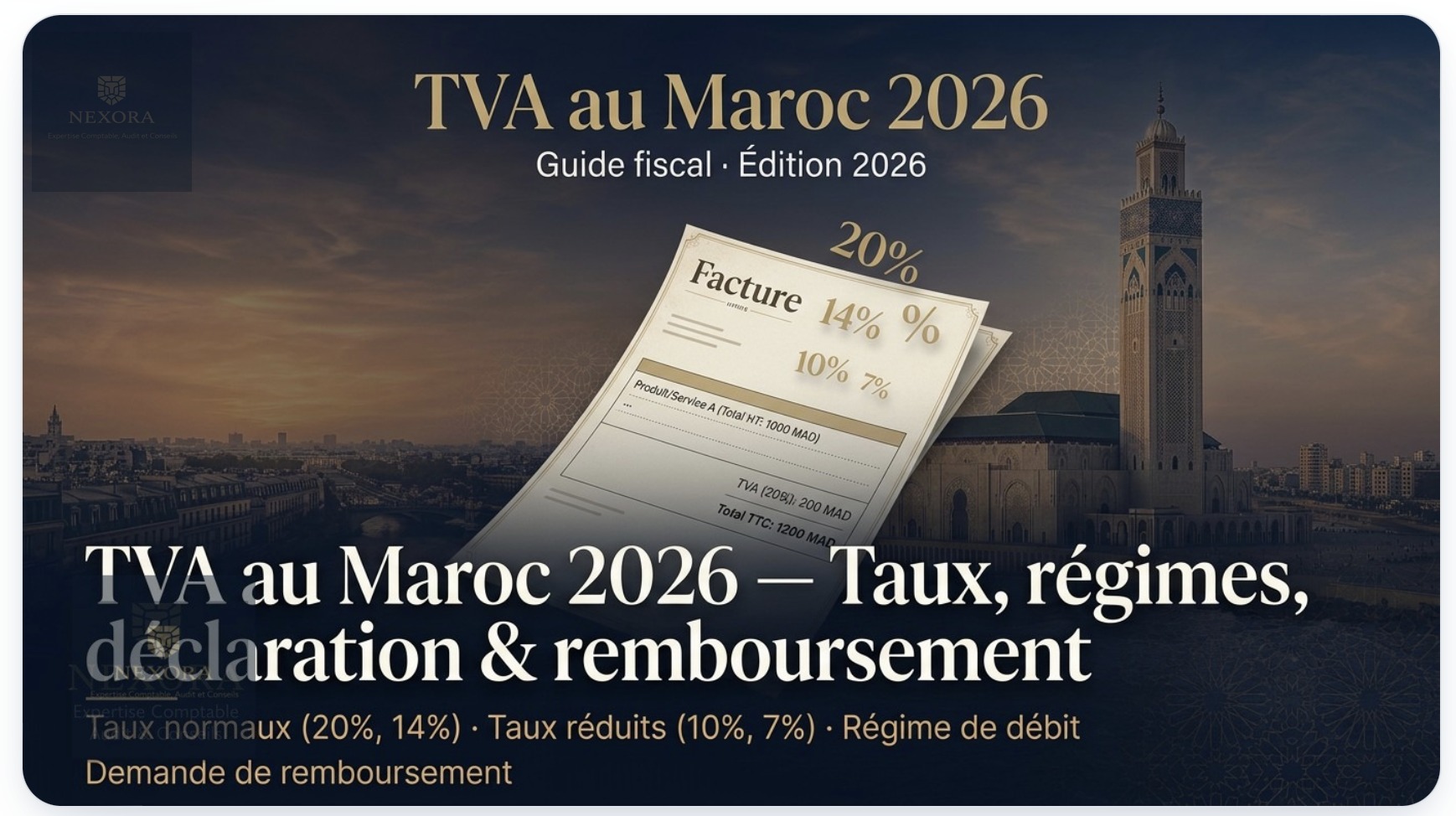 TVA au Maroc en 2026 : taux, champ d'application, régimes, déclaration, remboursement et réforme de la loi de finances — NEXORA Expertise Comptable, Audit et Conseils TVA au Maroc en 2026 : taux, champ d'application, régimes, déclaration, remboursement et réforme de la loi de finances — NEXORA Expertise Comptable, Audit et Conseils
