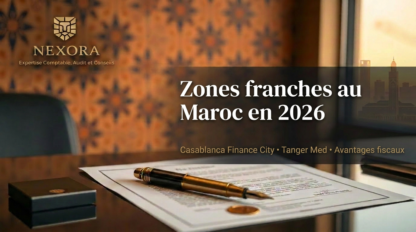 Zones franches au Maroc en 2026 : Zones d'Accélération Industrielle, Casablanca Finance City, Tanger Med et avantages fiscaux — NEXORA Expertise Comptable, Audit et Conseils Zones franches au Maroc en 2026 : Zones d'Accélération Industrielle, Casablanca Finance City, Tanger Med et avantages fiscaux — NEXORA Expertise Comptable, Audit et Conseils